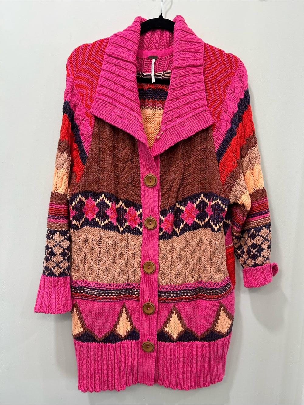 NEW Free People Hot Pink Multi-Colored knit Cardigan- XS